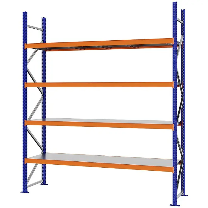 Proregal Schwerlastregal Weitspannregal MAGNUS PRO mit Stahlboden - H x B x T: 300 x 250 x 60 cm, Traglast pro Boden: 430 kg, Anzahl Böden: 4 Stk., Schrauben, Blau-Orange