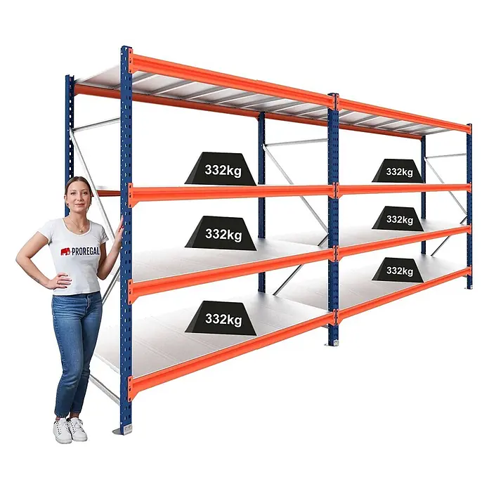 Proregal Schwerlastregal DOMINUS 2er Set mit Stahlplatten - H x B x T: 300 x 240 x 60 cm, Traglast pro Boden: 332 kg, Anzahl Böden: 4 Stk., Stecken, Blau/Orange