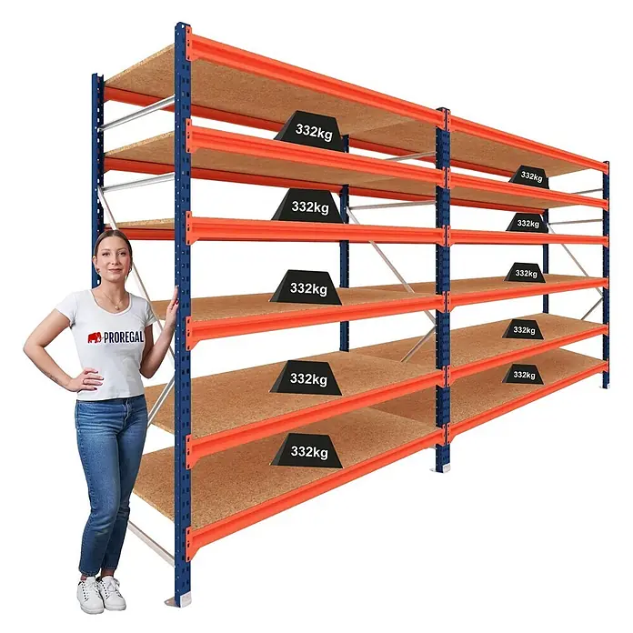 Proregal Schwerlastregal DOMINUS 2er Set mit Spanplatten - H x B x T: 300 x 240 x 80 cm, Traglast pro Boden: 332 kg, Anzahl Böden: 6 Stk., Stecken, Blau/Orange