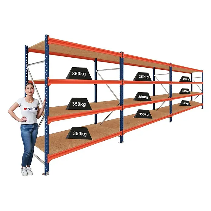 Proregal Schwerlastregal DOMINUS 3er Set mit Spanplatten - H x B x T: 300 x 195 x 60 cm, Traglast pro Boden: 350 kg, Anzahl Böden: 4 Stk., Stecken, Blau/Orange