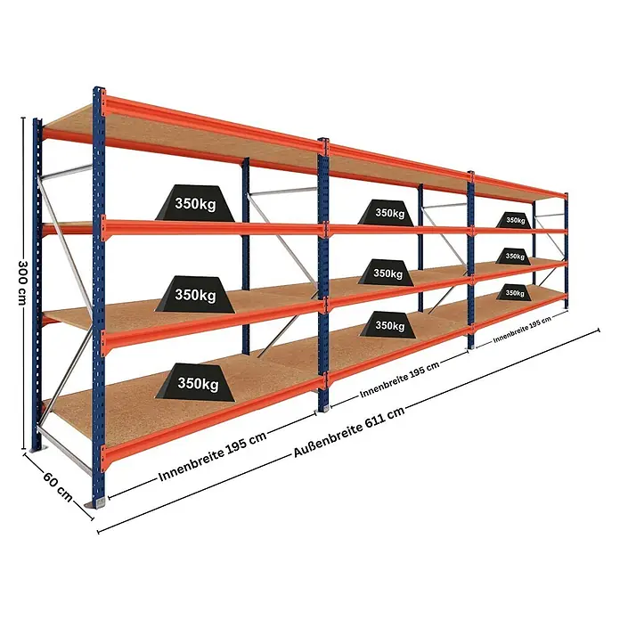 Proregal Schwerlastregal DOMINUS 3er Set mit Spanplatten - H x B x T: 300 x 195 x 60 cm, Traglast pro Boden: 350 kg, Anzahl Böden: 4 Stk., Stecken, Blau/Orange
