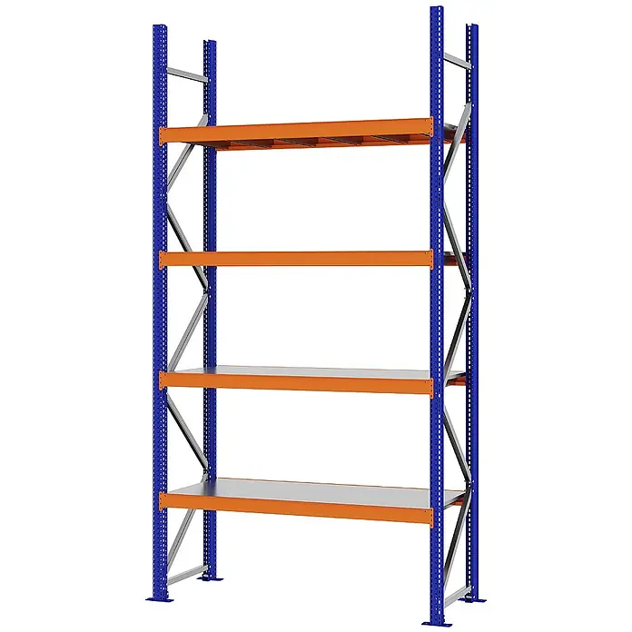 Proregal Schwerlastregal Weitspannregal MAGNUS PRO mit Stahlboden - H x B x T: 300 x 150 x 50 cm, Traglast pro Boden: 750 kg, Anzahl Böden: 4 Stk., Schrauben, Blau-Orange