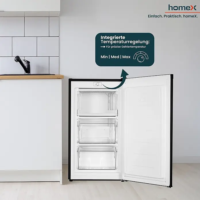 homeX Tiefkühlschrank FS1016-B - Nutzinhalt Gesamt: 60 l, 45 cm x 475 mm x 850 mm, Schwarz