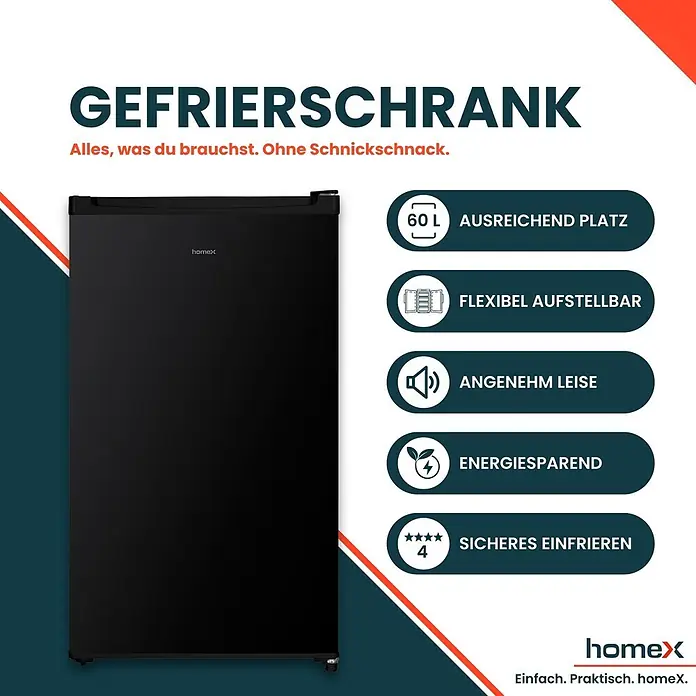 homeX Tiefkühlschrank FS1016-B - Nutzinhalt Gesamt: 60 l, 45 cm x 475 mm x 850 mm, Schwarz