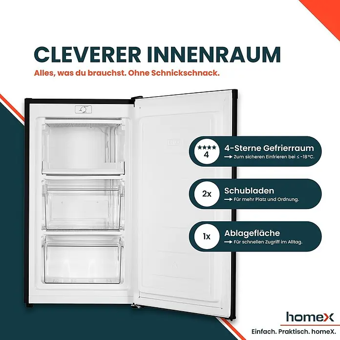 homeX Tiefkühlschrank FS1016-B - Nutzinhalt Gesamt: 60 l, 45 cm x 475 mm x 850 mm, Schwarz