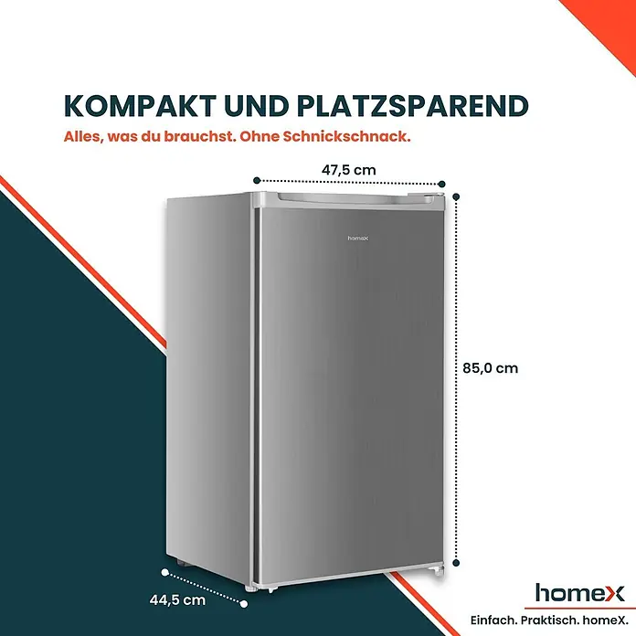 homeX Vollraumkühlschrank CS0881-S - Nutzinhalt Gesamt: 90 l, 44,5 cm x 475 mm x 850 mm, Silber