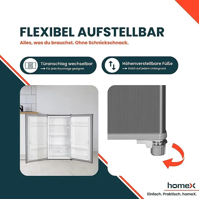 homeX Vollraumkühlschrank CS0881-S - Nutzinhalt Gesamt: 90 l, 44,5 cm x 475 mm x 850 mm, Silber
