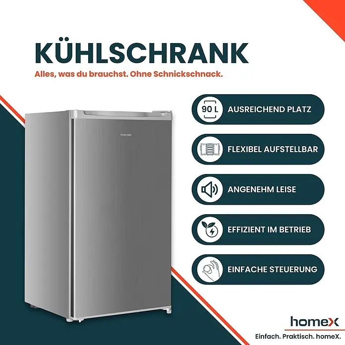 homeX Vollraumkühlschrank CS0881-S - Nutzinhalt Gesamt: 90 l, 44,5 cm x 475 mm x 850 mm, Silber