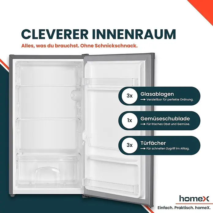 homeX Vollraumkühlschrank CS0881-S - Nutzinhalt Gesamt: 90 l, 44,5 cm x 475 mm x 850 mm, Silber