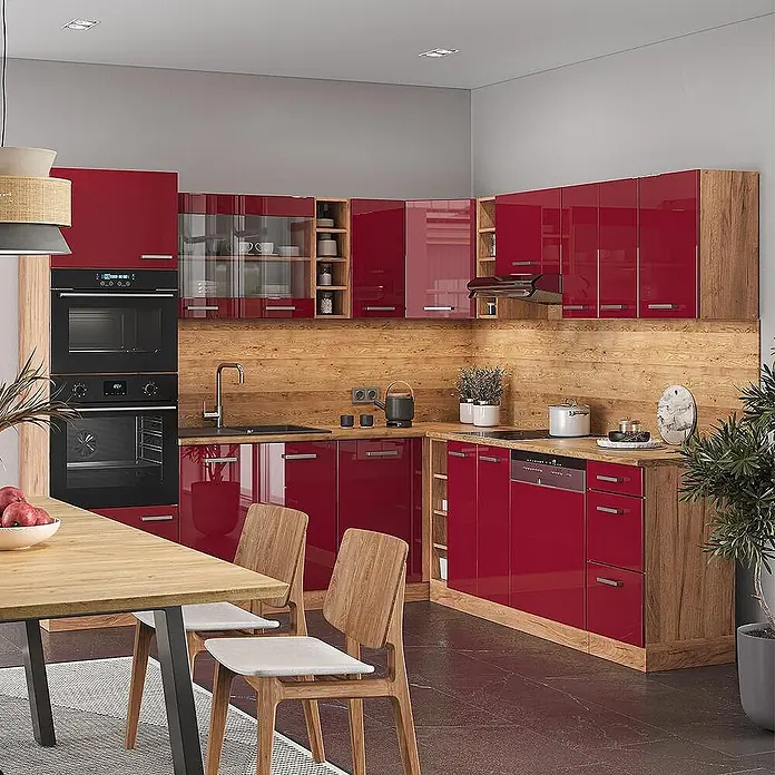 Vicco Eckküche R-Line Rot Hochglanz/Goldkraft Eiche ohne Arbeitsplatte - Rot Hochglanz, Ohne Elektrogeräte