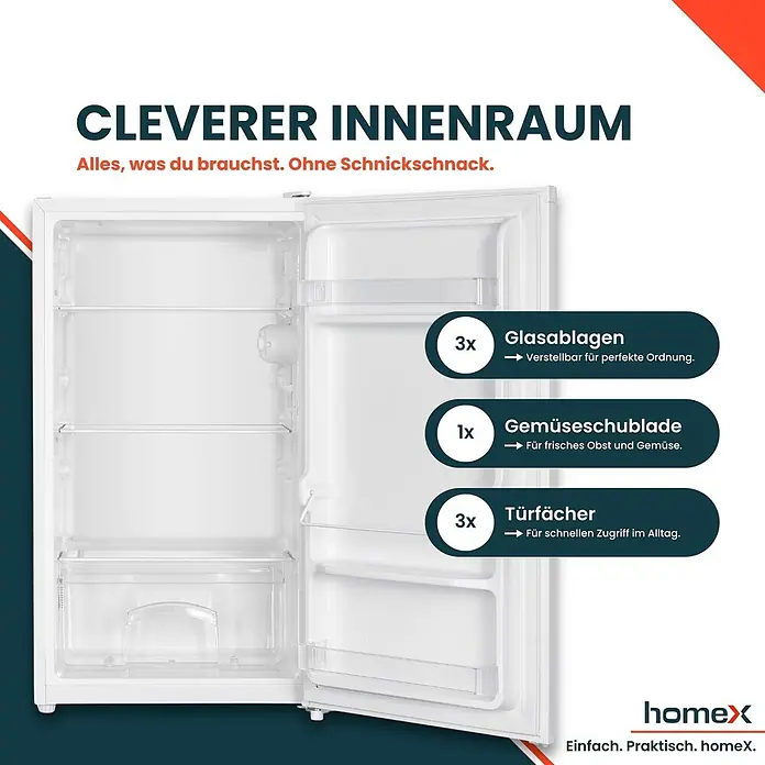 homeX Vollraumkühlschrank CS0881-W - Nutzinhalt Gesamt: 90 l, 44,5 cm x 475 mm x 850 mm, Weiß
