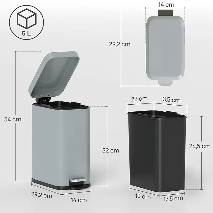Homcom Kosmetikeimer mit Fußpedal - 5 l, Sonstiges, Grau