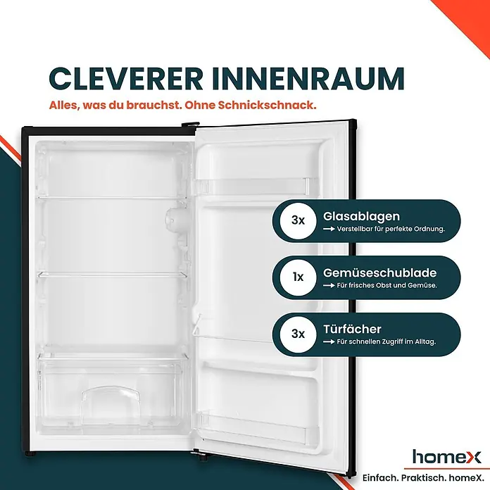homeX Vollraumkühlschrank CS0881-B - Nutzinhalt Gesamt: 90 l, 44,5 cm x 475 mm x 850 mm, Schwarz