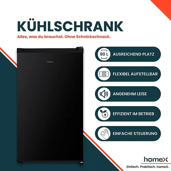 homeX Vollraumkühlschrank CS0881-B - Nutzinhalt Gesamt: 90 l, 44,5 cm x 475 mm x 850 mm, Schwarz