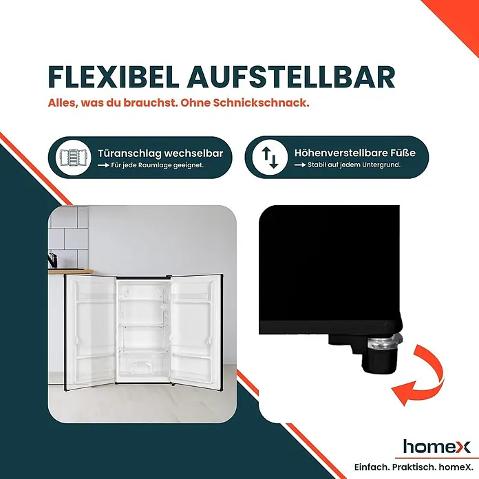homeX Vollraumkühlschrank CS0881-B - Nutzinhalt Gesamt: 90 l, 44,5 cm x 475 mm x 850 mm, Schwarz