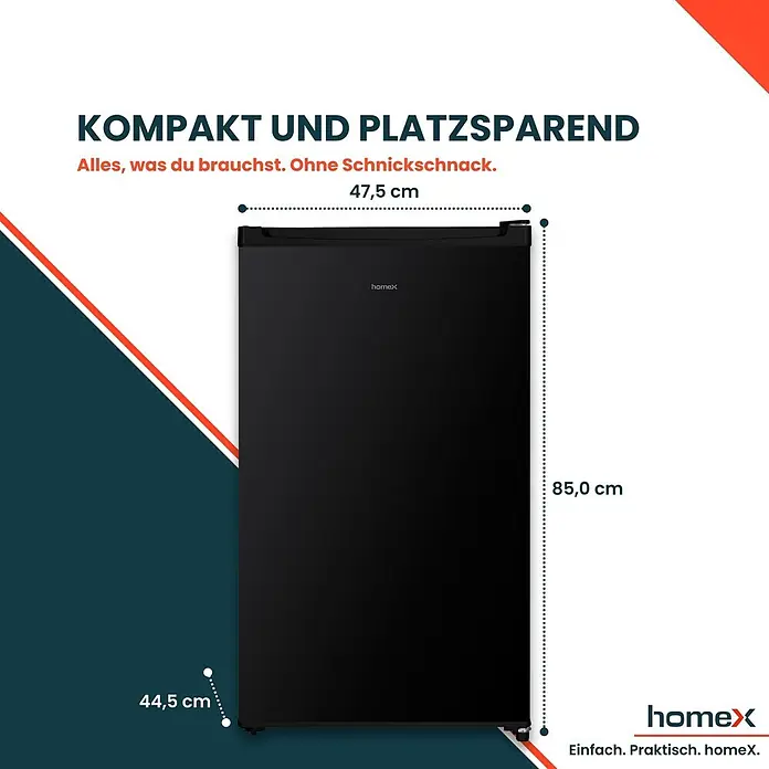 homeX Vollraumkühlschrank CS0881-B - Nutzinhalt Gesamt: 90 l, 44,5 cm x 475 mm x 850 mm, Schwarz