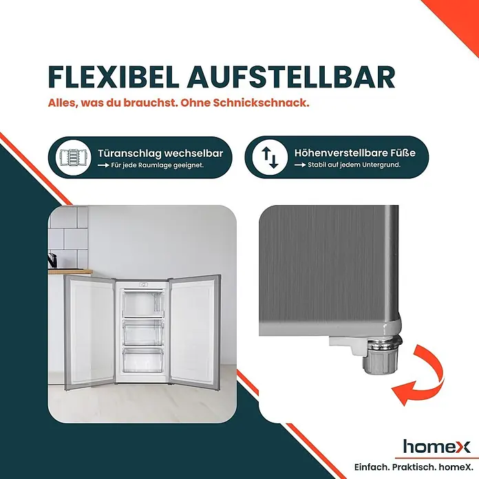 homeX FS1016-S -  - Weißer Gefrierschrank mit wechselbarem Türanschlag und höhenverstellbaren Füßen.