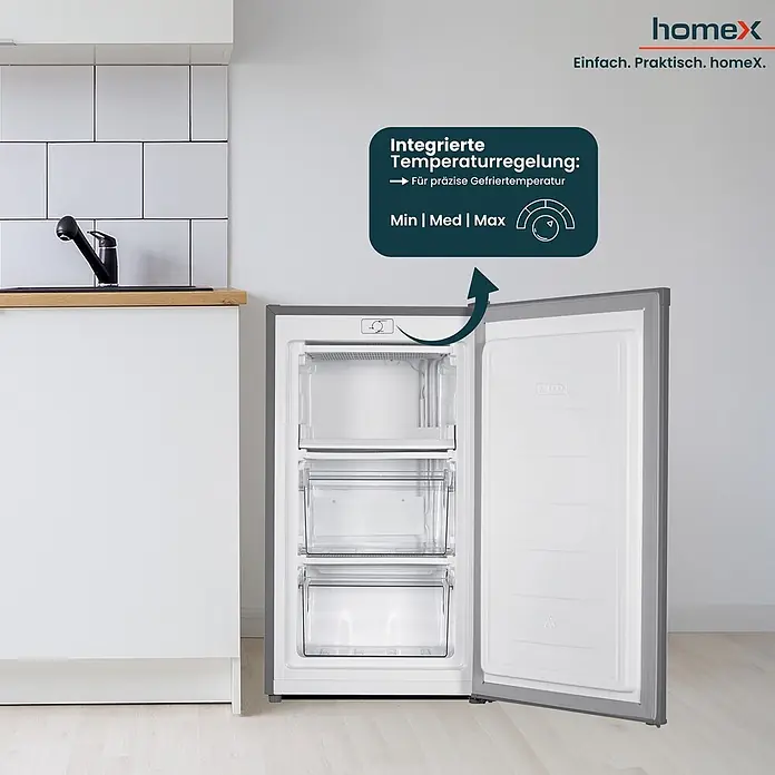 homeX FS1016-S -  - Grauer Homex Gefrierschrank mit geöffneter Tür und transparenten Schubladen. Eine Grafik hebt die integrierte Temperaturregelung (Min | Med | Max) hervor.