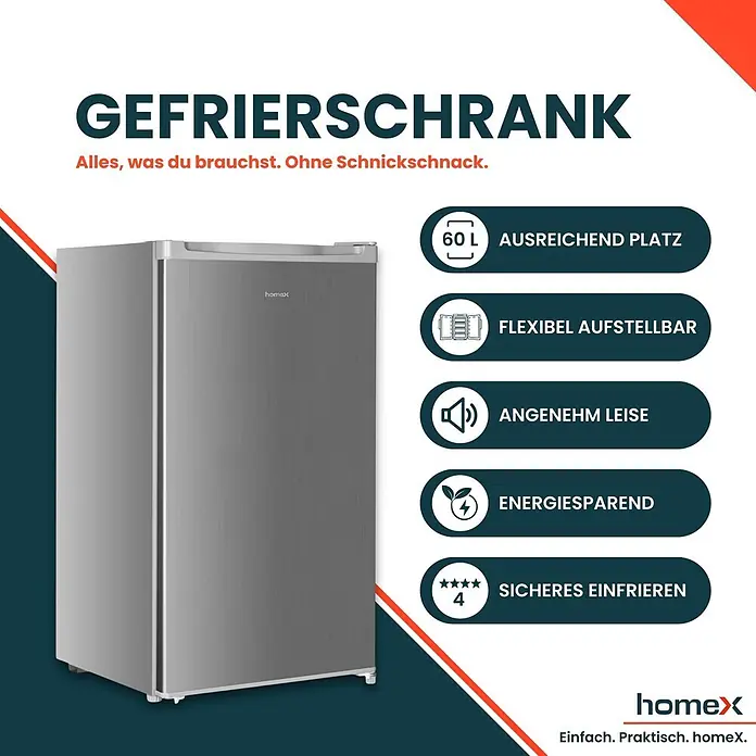 homeX Tiefkühlschrank FS1016-S - Nutzinhalt Gesamt: 60 l, 45 cm x 475 mm x 850 mm, Silber - Kompakter silberfarbener Gefrierschrank.