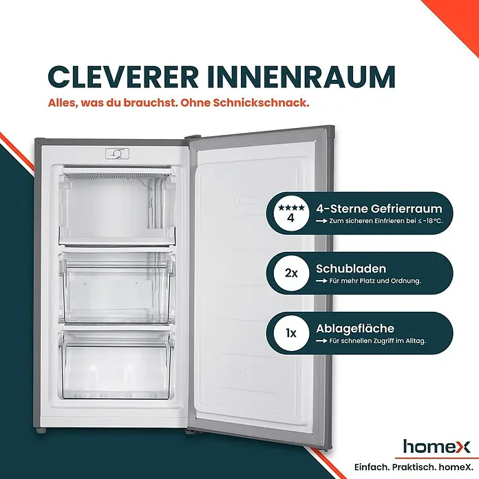 homeX Tiefkühlschrank FS1016-S - Nutzinhalt Gesamt: 60 l, 45 cm x 475 mm x 850 mm, Silber - Geöffneter silbergrauer Gefrierschrank mit 4-Sterne-Gefrierfach, zwei transparenten Schubladen und einem Ablagefach.