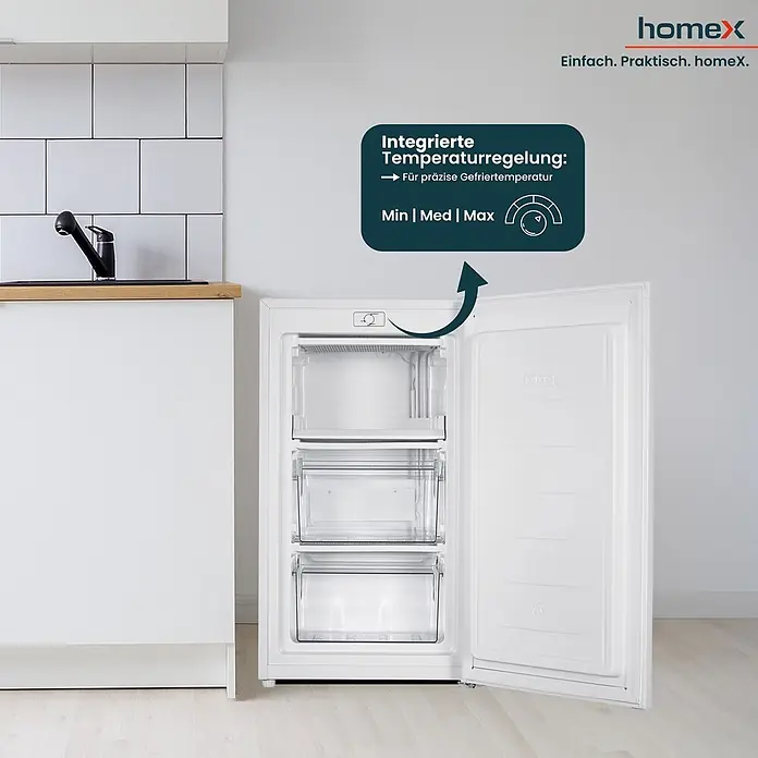 homeX Tiefkühlschrank FS1016-W - Nutzinhalt Gesamt: 60 l, 45 cm x 475 mm x 850 mm, Weiß
