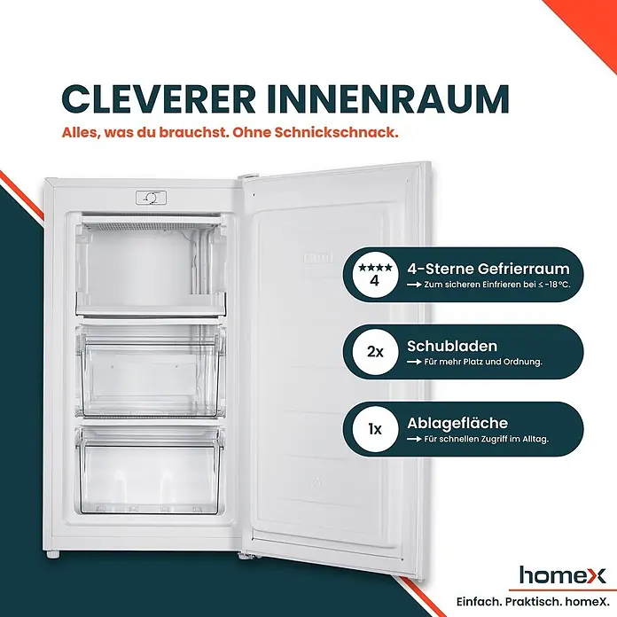 homeX Tiefkühlschrank FS1016-W - Nutzinhalt Gesamt: 60 l, 45 cm x 475 mm x 850 mm, Weiß