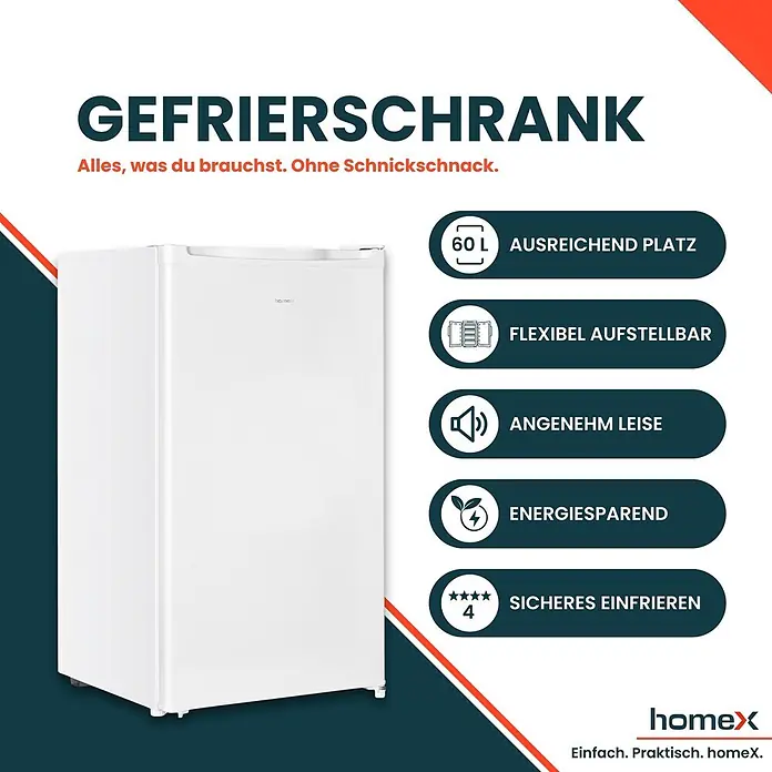 homeX Tiefkühlschrank FS1016-W - Nutzinhalt Gesamt: 60 l, 45 cm x 475 mm x 850 mm, Weiß