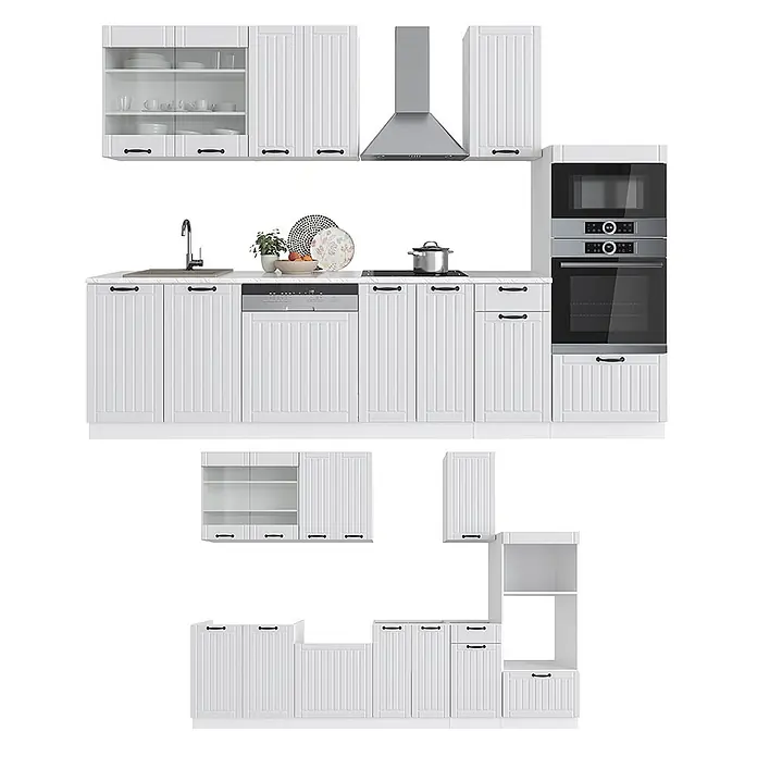 Vicco Küchenzeile Fame-Line Weiß Landhaus/Weiß mit Hochschrank, ohne Arbeitsplatte - Weiß Landhaus, Ohne Elektrogeräte