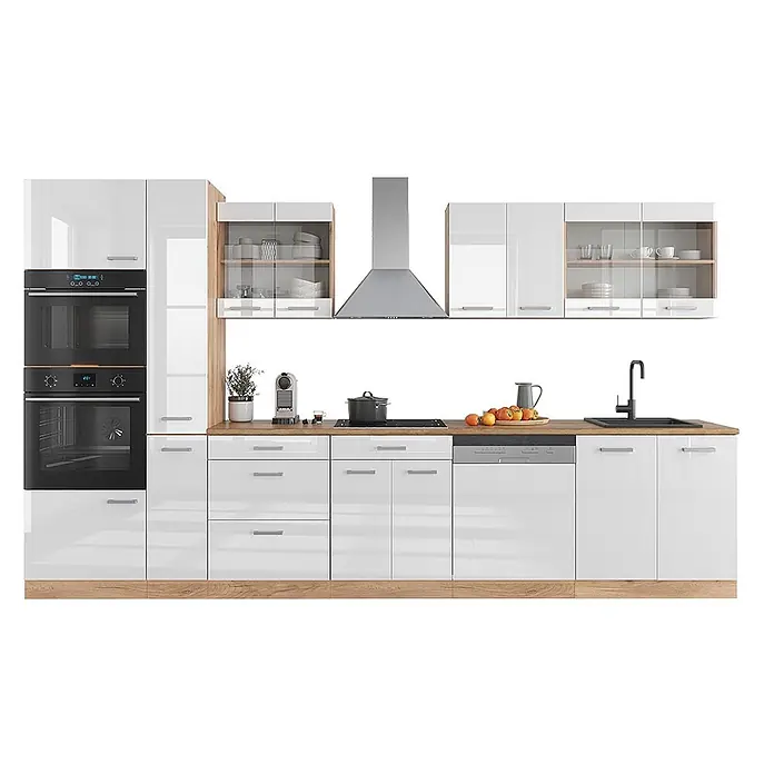 Vicco Küchenzeile R-Line Weiß Hochglanz mit Hochschrank, ohne Arbeitsplatte - Breite: 350 cm, Weiß Hochglanz, Ohne Elektrogeräte - Moderne, weiße Hochglanzküche mit Holzoptik-Arbeitsplatte und Einbaugeräten wie Backöfen, Kochfeld und Spüle.