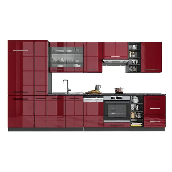 Vicco Küchenzeile Fame-Line, Bordeaux Hochglanz/Anthrazit, 355 cm -  - Moderne hochglänzende rote Küchenzeile mit Spüle, Geschirrspüler, Backofen, Kochfeld, Dunstabzugshaube und offenen Regalen.