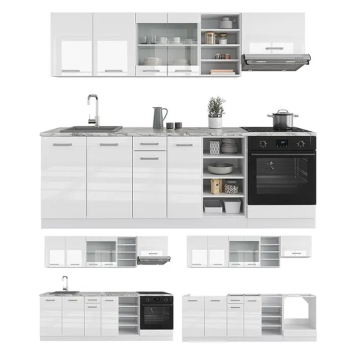 Vicco Küchenzeile R-Line Weiß Hochglanz/Weiß, AP Marmor - Breite: 240 cm, Weiß Hochglanz, Ohne Elektrogeräte - Modulare weiße Hochglanzküchenzeile mit Spüle, Backofen, Kochfeld und Arbeitsplatte in Marmoroptik.