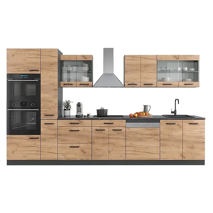 Vicco Küchenzeile R-Line, Goldkraft Eiche/Anthrazit, 350 cm -  - Moderne Küche mit hellen Holzschränken, schwarzer Arbeitsplatte, eingebautem Backofen, Mikrowelle, Kochfeld, Spülmaschine und Spüle.