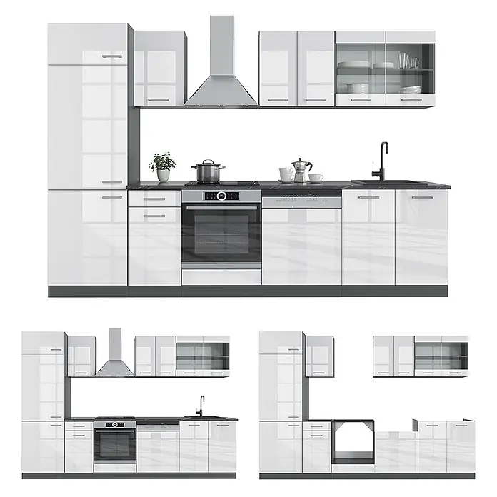 Vicco Küchenzeile R-Line, Weiß Hochglanz/Anthrazit, 300 cm -  - Weißes, hochglänzendes Modulküchenset mit dunkler Arbeitsplatte, inklusive Backofen, Kochfeld, Spüle und Geschirrspüler, in verschiedenen Anordnungen dargestellt.