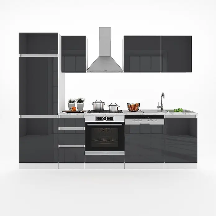 Vicco Küchenzeile Optima, Anthrazit Hochglanz/Weiß, 270 cm -  - Moderne dunkelgraue Hochglanz-Küchenzeile mit Backofen, Kochfeld, Spüle, Geschirrspüler und Dunstabzugshaube.