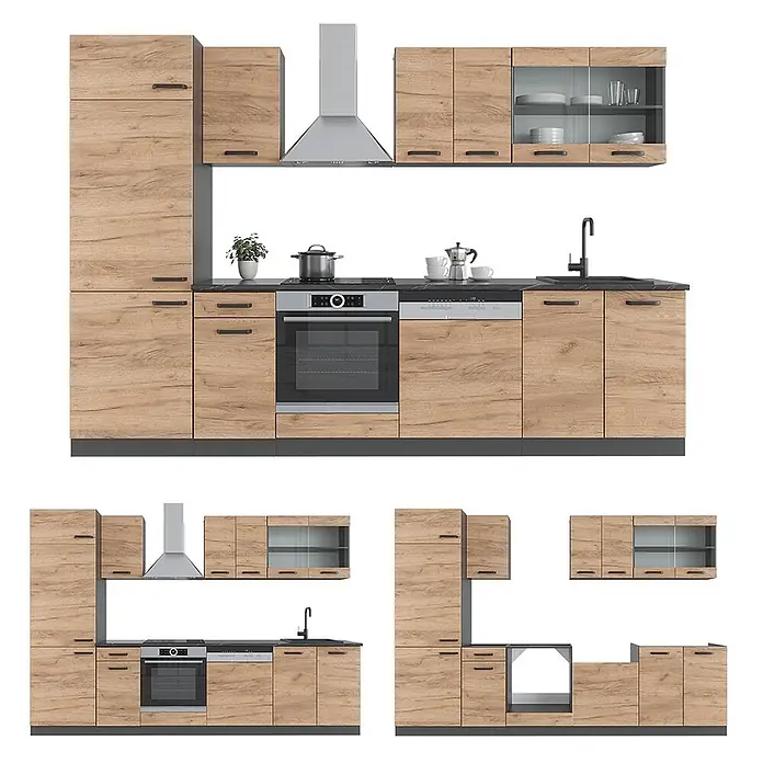 Vicco Küchenzeile R-Line, Goldkraft Eiche/Anthrazit, 300 cm -  - Modulare Küche in heller Eichenoptik mit dunklen Arbeitsplatten, integriertem Backofen, Kochfeld, Geschirrspüler, Spüle und Dunstabzugshaube.