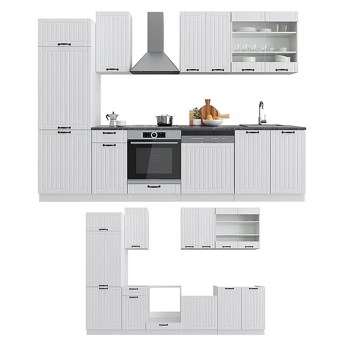Vicco Küchenzeile Fame-Line Weiß Landhaus/Weiß ohne Arbeitsplatte - Weiß Landhaus, Ohne Elektrogeräte