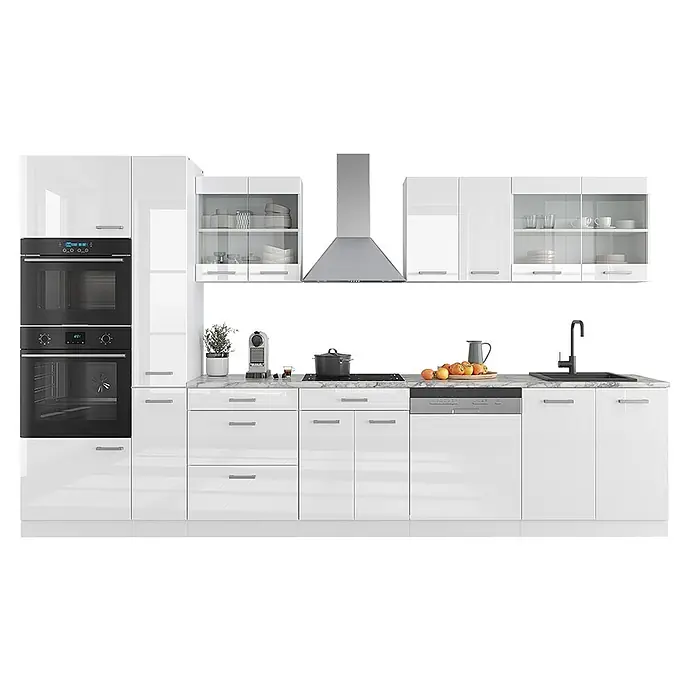 Vicco Küchenzeile R-Line Weiß Hochglanz/Weiß mit Hochschrank, AP Marmor - Weiß Hochglanz, Ohne Elektrogeräte