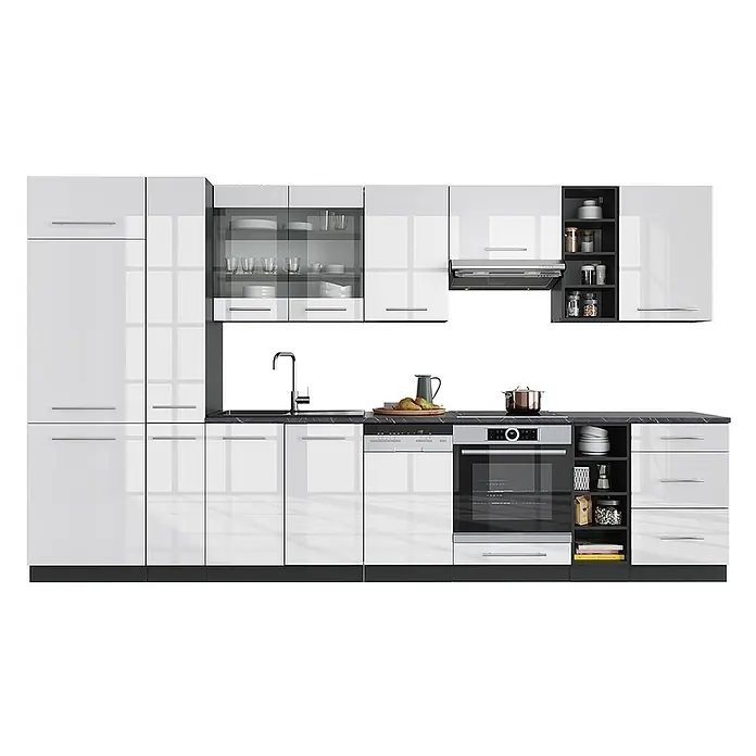 Vicco Küchenzeile Fame-Line, Weiß Hochglanz/Anthrazit, 355 cm -  - Moderne weiße Hochglanzküche mit dunklen Arbeitsplatten, integrierten Geräten und offenen Regalen.