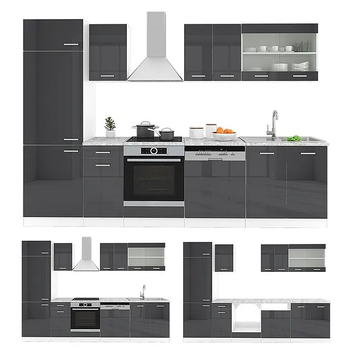 Vicco Küchenzeile R-Line, Anthrazit Hochglanz/Weiß, 300 cm -  - Dunkelgraue Hochglanz-Modulküche mit integriertem Backofen, Kochfeld, Geschirrspüler, Spüle und Dunstabzugshaube, mit Marmor-Arbeitsplatten.