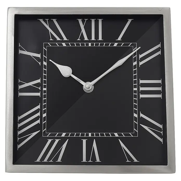 Tischuhr Moments 2025 - Silber, 21 x 21 cm - Quadratische Wanduhr mit schwarzem Zifferblatt, silbernen römischen Ziffern und Zeigern in elegantem Silberrahmen.