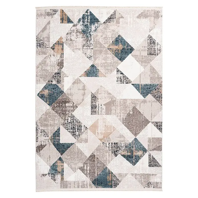 Kayoom Kurzflorteppich Akropolis 225 - Grau/Blau, 180 x 120 cm, 100 % Polyester - Ein rechteckiger Teppich mit abstraktem, geometrischem Muster aus Dreiecken und Quadraten in Weiß, Beige, Braun und Petrol.
