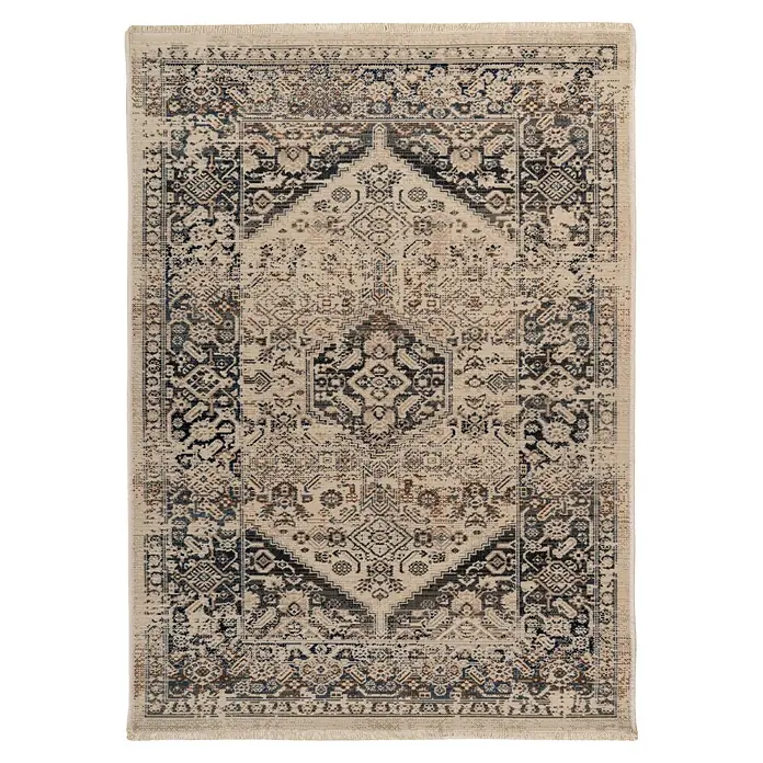 Kayoom Kurzflorteppich Charin 425 - Blau, 230 x 160 cm, 100 % Polypropylen - Beiger Vintage-Teppich mit traditionellem Muster in Blau, Braun und Grau sowie zentralem Medaillon.