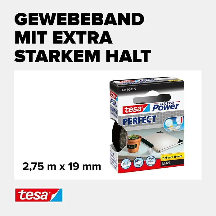 Tesa Extra Power Gewebeband PERFECT - Schwarz, 2,75 m x 19 mm - Informationsansicht