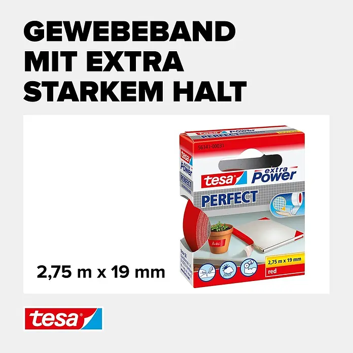 Tesa Extra Power Gewebeband PERFECT - Rot, 2,75 m x 19 mm - Informationsansicht