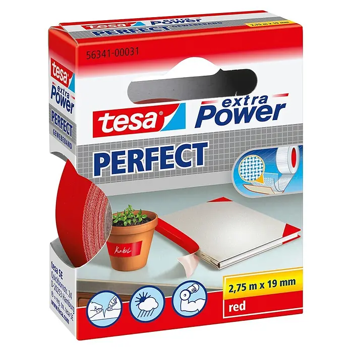 Tesa Extra Power Gewebeband PERFECT - Rot, 2,75 m x 19 mm - Diagonale Ansicht