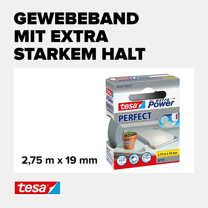 Tesa Extra Power Gewebeband PERFECT - Grau, 2,75 m x 19 mm - Informationsansicht