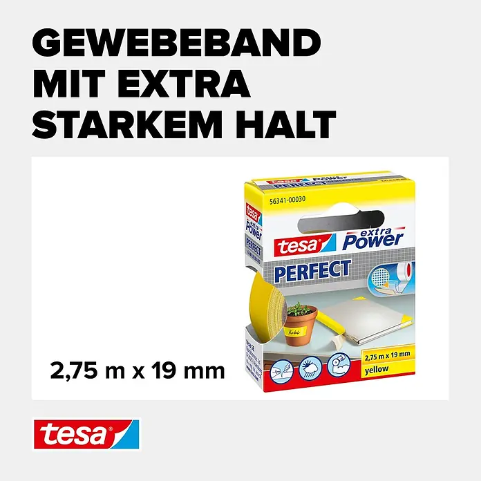 Tesa Extra Power Gewebeband PERFECT - Gelb, 2,75 m x 19 mm - Informationsansicht