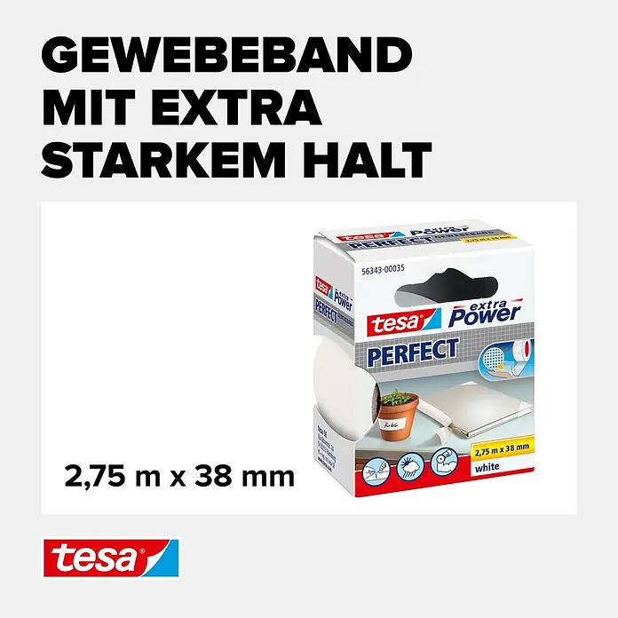 Tesa Extra Power Gewebeband PERFECT - Weiß, 2,75 m x 38 mm - Informationsansicht