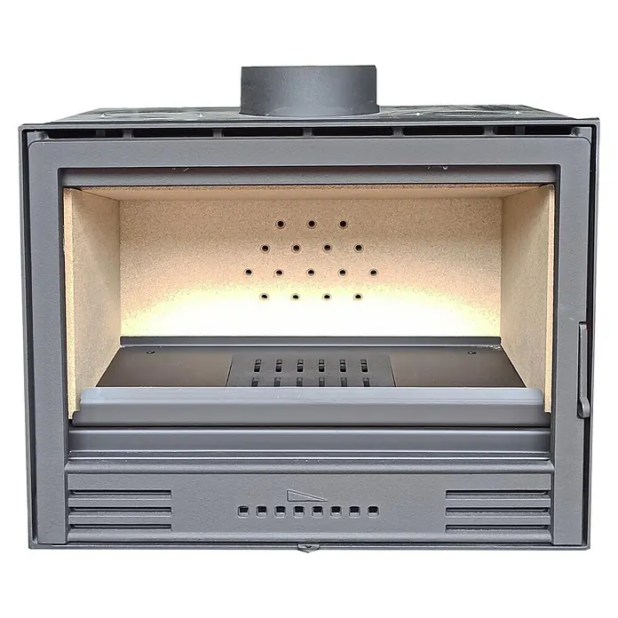 Insert de leña 700 PB - L x An x Al: 46 x 70 x 55 cm, 12,1 kW, Negro - Inserto de chimenea de metal gris oscuro con interior de ladrillo refractario claro, con salida de humos superior, ventilaciones y cenicero.