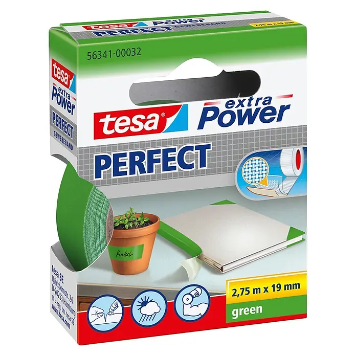 Tesa Extra Power Gewebeband PERFECT - Grün, 2,75 m x 19 mm - Diagonale Ansicht